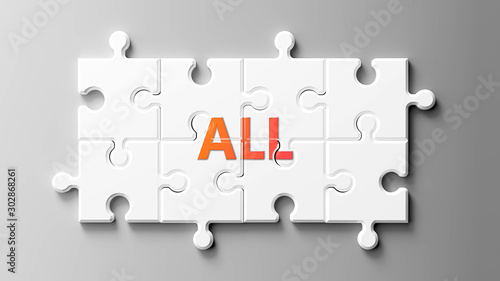 All complex like a puzzle - pictured as word All on a puzzle pieces to show that All can be difficult and needs cooperating pieces that fit together, 3d illustration