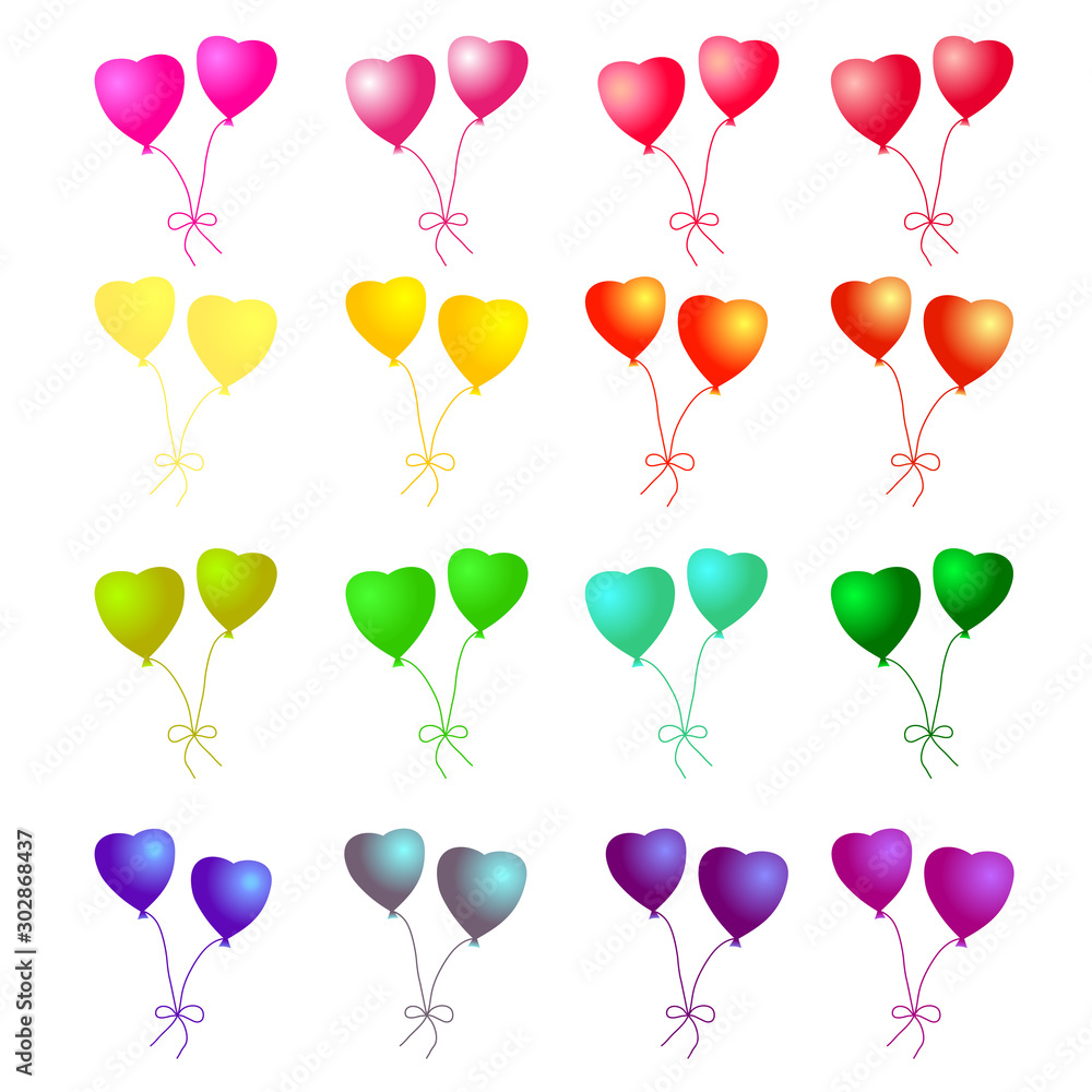 Balloons in the shape of hearts for holiday design. Isolated colorful icon set. Vector illustration.