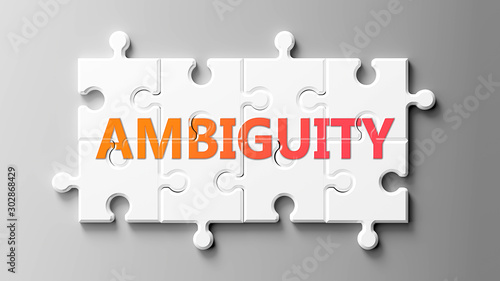 Ambiguity complex like a puzzle - pictured as word Ambiguity on a puzzle pieces to show that Ambiguity can be difficult and needs cooperating pieces that fit together, 3d illustration photo