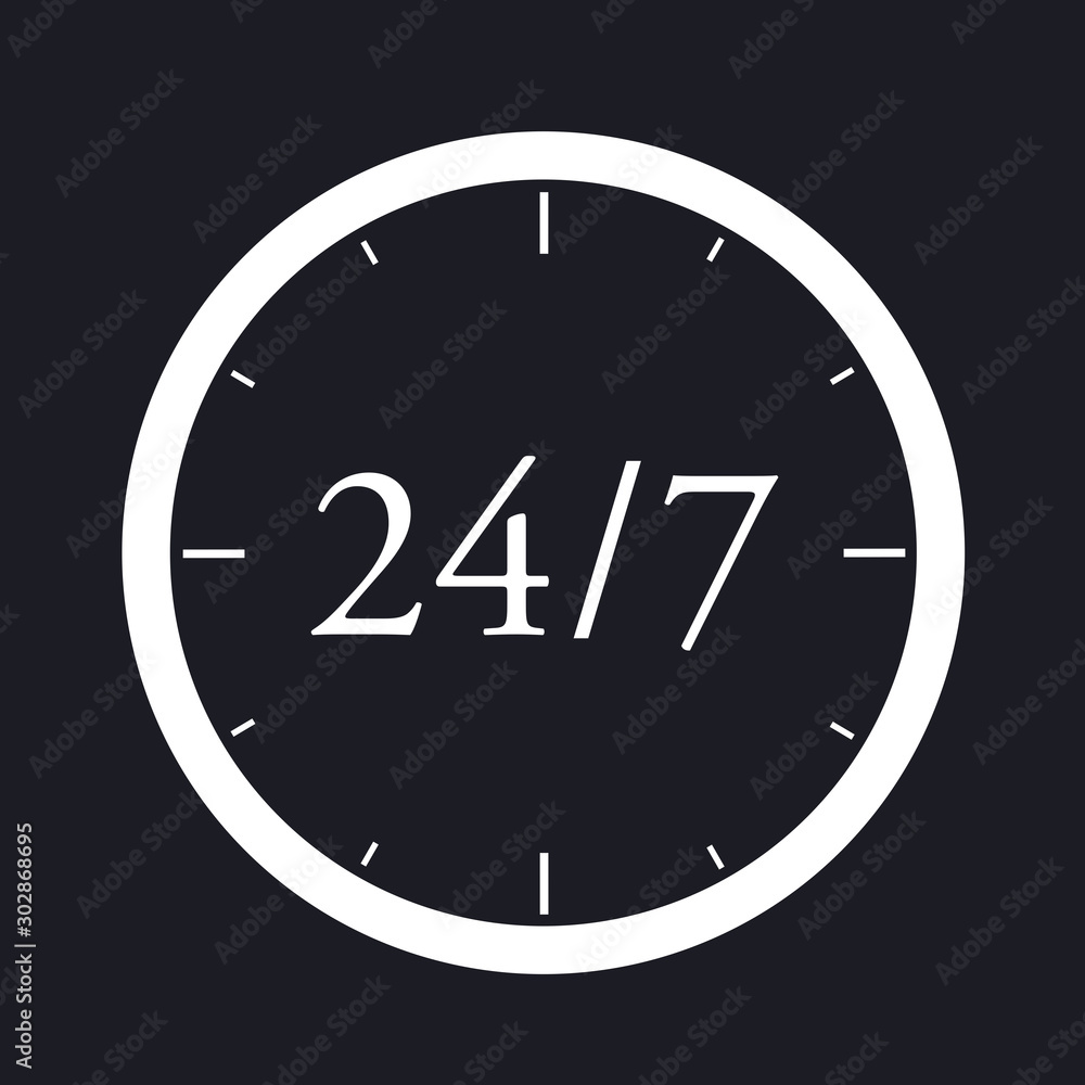 24/7 - non-stop continous availability during every hour and day of the week. Vector illustration of clock dial with numbers 24/7 - non-stop continous availability during every hour and day of the week. Vector illustration of clock dial with numbers