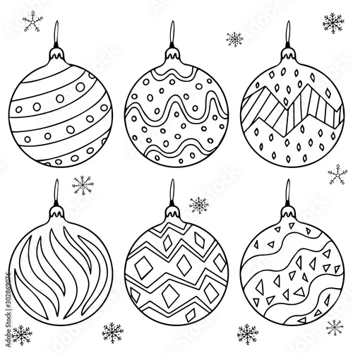 Set of hand drawn Christmas balls and snowflake. New Year and X-mas decorations. Doodle line illustration for coloring page.