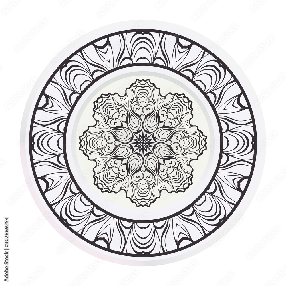 Plates for interior design. Porcelain plate with mandala ornament. Vector illustration. Isolated. Round geometric floral pattern. Interior decoration, home decor element