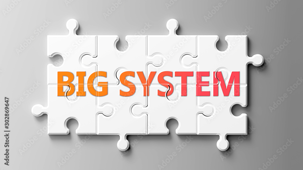 Big system complex like a puzzle - pictured as word Big system on a puzzle pieces to show that Big system can be difficult and needs cooperating pieces that fit together, 3d illustration Big system complex like a puzzle - pictured as word Big system on a puzzle pieces to show that Big system can be difficult and needs cooperating pieces that fit together, 3d illustration