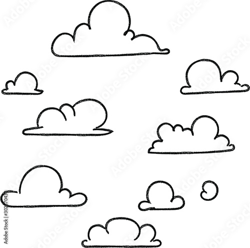 Fototapeta chmura kreskówka ręcznie rysowane zestaw Znaki chmurne, symbole nieba. tło. Ilustracji wektorowych