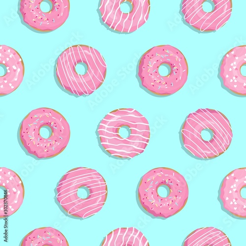 Vector trendy minimal seamless pattern with pink glaze donuts and sugar icing with deep shadow. Modern summer concept with Doughnuts on bright light blue background. Repeat sunlight backdrop.
