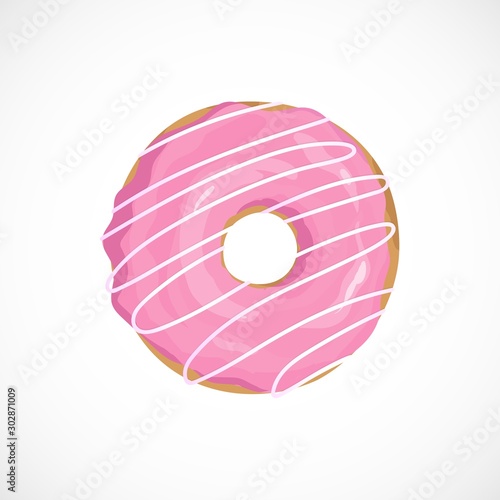 Vector icon of Donut with pink glaze and decorative sugar icing isolated on white background. Top view on hand drawn cartoon sweet dessert for menu, sweet shop, National Donut Day design poster.