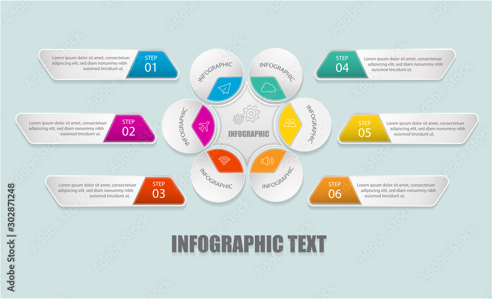 Modern infographic temple with circle and 6 text boxes for option. Vector illustration Modern infographic temple with circle and 6 text boxes for option. Vector illustration