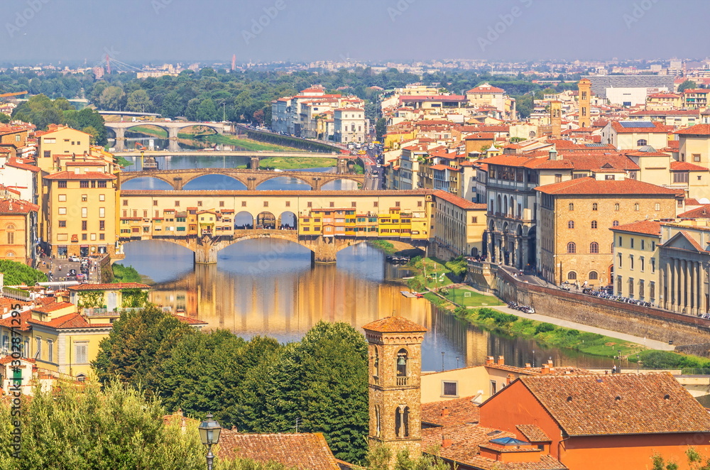 View of promenade and bridges over  Arno River in Florence