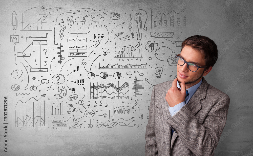 Casual person thinking with drawn signs concept Casual person thinking with drawn signs concept