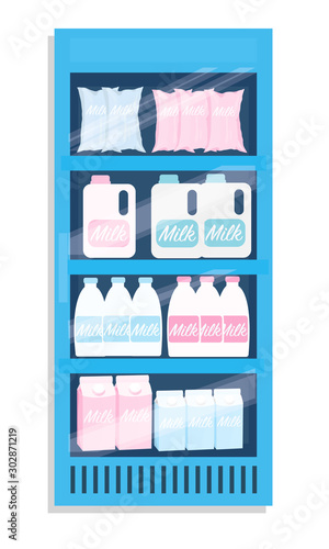 vector image of a refrigerator with milk isolated on white background, supermarket interior