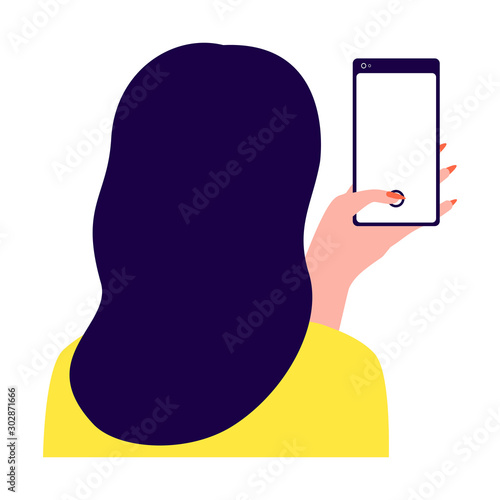 Woman holding smartphone, back view. Girl taking photo, selfie. Photo girl on phone. Phone, Internet User. Vector illustration on white background