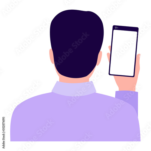 Man holding smartphone, back view. Male taking photo, selfie. Photo man on phone. Phone, Internet User. Vector illustration on white background