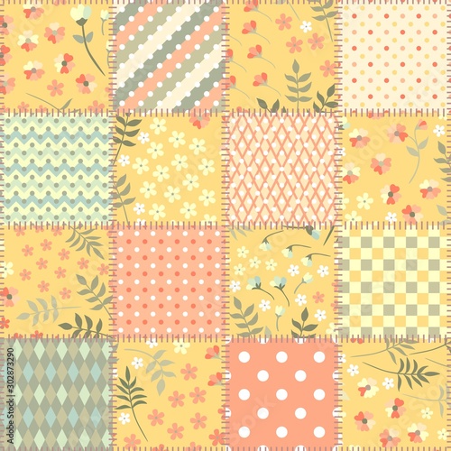 Patchwork seamless pattern with floral and geometric ornaments in warm pastel tones. Beautiful print for fabric.