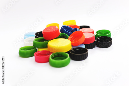 colorful plastic caps of PET bottles