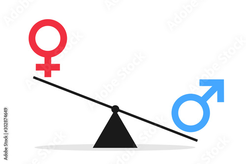 Discrimination and enequal inequality based on sex and gender - heavy man and male symbol as superior to light inferior woman and female. Issue of social handicap and disadvantage. Vector illustration photo
