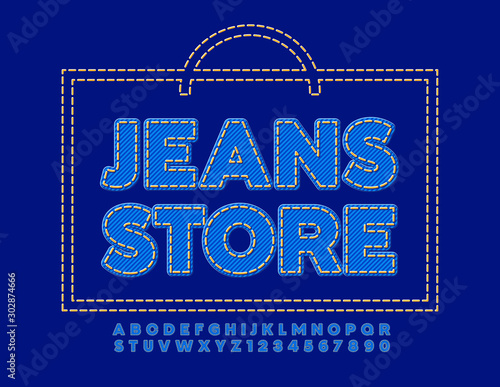 Vector stitch bag with text Jeans Store. Denim blue Font. Textile Alphabet Letters and Numbers