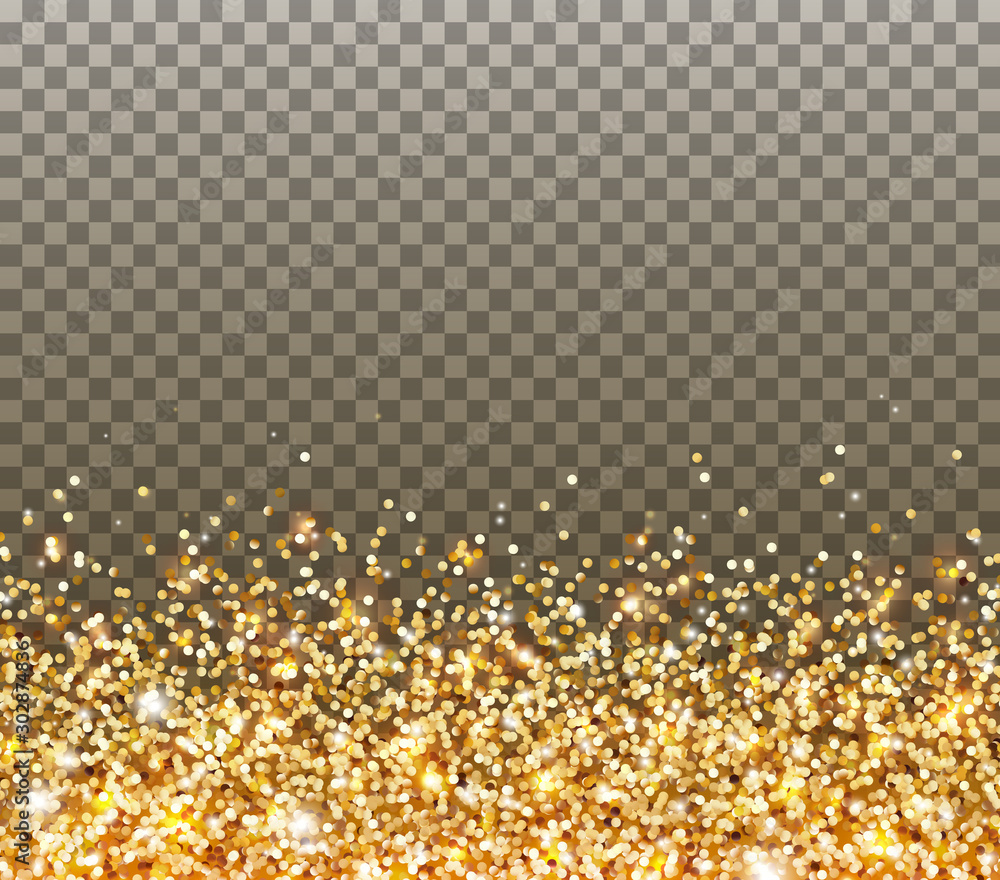 Fototapeta Cząsteczki brokatu złota i iskry efekt świetlny na przezroczystym tle. Wektor blask złoty migotliwy konfetti tekstury na Boże Narodzenie, nowy rok luksusowy projekt karty.