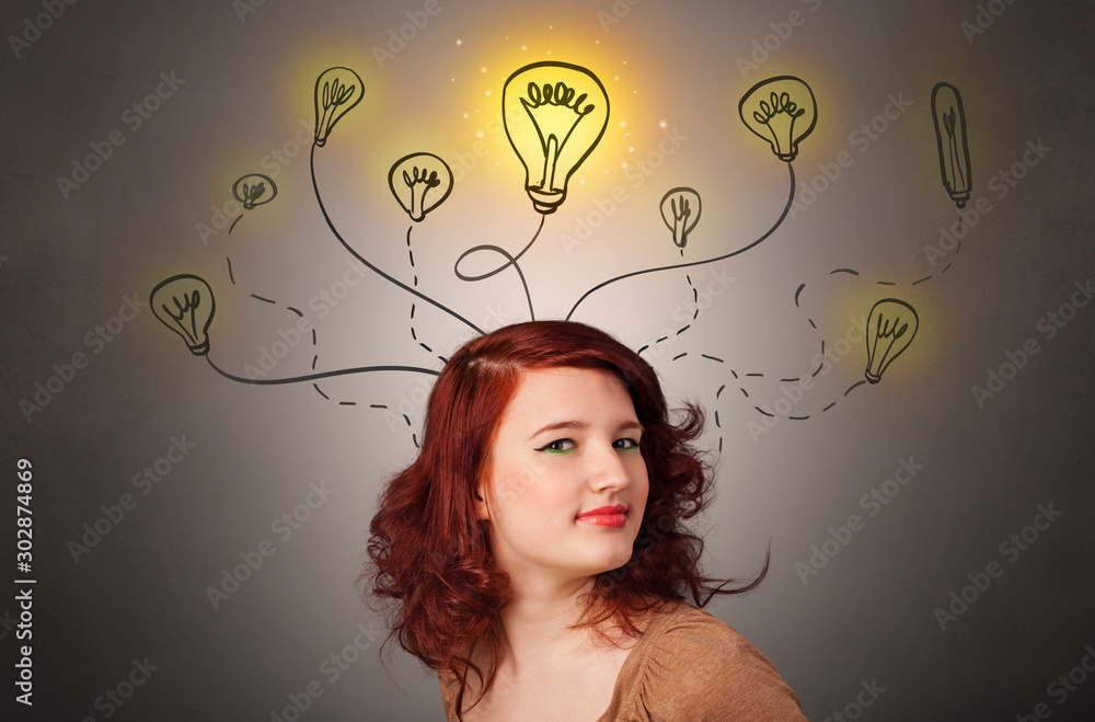 Pretty girl with draw bulbs above her head with different solutions concept Pretty girl with draw bulbs above her head with different solutions concept