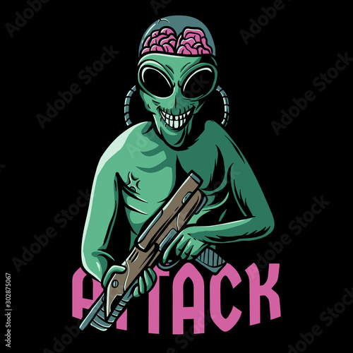 Alien attack illustration. Alien with visible brain holding alien gun for attack earth. Alien artwork for  t-shirt, wallpaper, or phone case