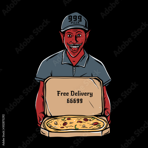 Satan holding open cardboard box with pepperoni pizza inside. Pizza deliveryman wearing cap and smiling to customer. Devil pizza illustration for t-shirt, sticker, wall art, or poster.