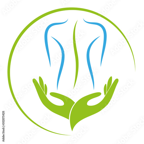 Zwei Hände und Person, Orthopädie und Massage Logo, Icon