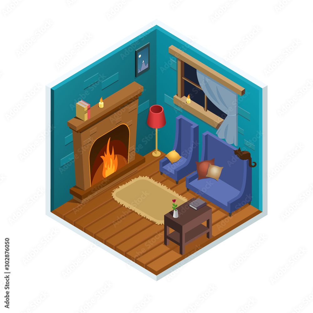 Obraz premium Isometric interior design cozy living room with fireplace. Vector illustration
