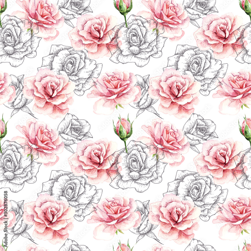 seamless pattern with watercolor roses. wedding invitation, vintage style, fabric, bedding textile, wallpaper, background, girl, pink