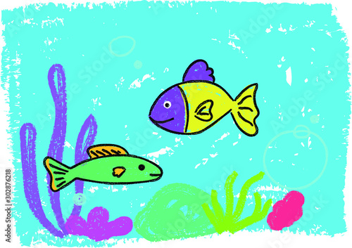 fish in the sea hand drawn crayon illustration blue underwater scene kid's drawing coral doodle