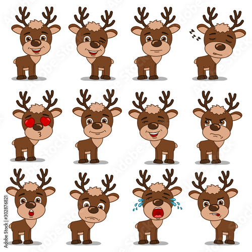 Set of expression of emotions of funny reindeer for christmas decoration isolated on white background