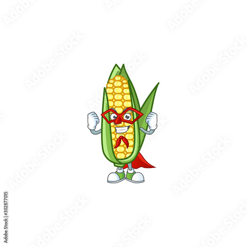 Cartoon corn raw with the character super hero