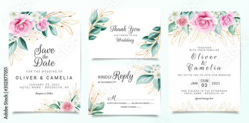 Elegant wedding invitation card template set with flowers decoration and outlined glitter leaves. Peach roses illustration for background, save the date, invitation, greeting card, poster