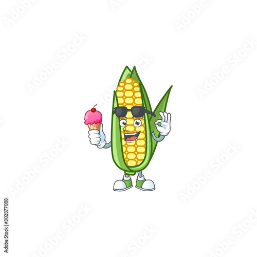 Cartoon corn raw with the character with ice cream