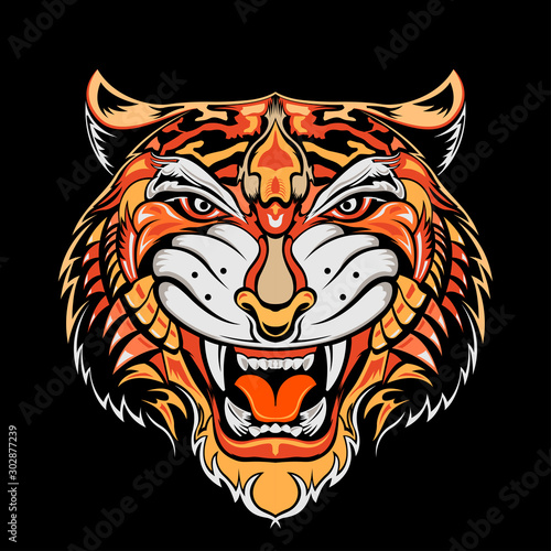Angry tiger silhouette, colorful traditional tattoo style Tiger face. Chinese Tiger roaring tattoo.