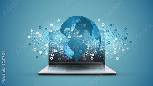 Realistic laptop with 3D world map with blue background, vector illustration