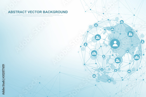 Global structure networking and data connection concept. Social network communication in the global computer networks. Internet technology. Business. Science. Vector illustration