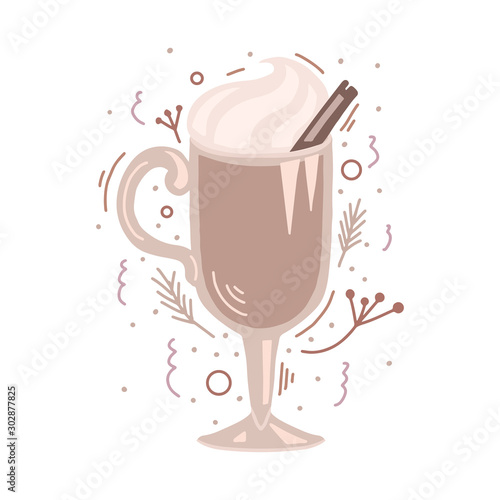 Flat illustration of eggnog with doodle decorations. Christmas treat. Holiday Gogol Mughal. Vector picture for cards, banners and your creativity.