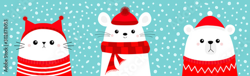White bear cub Mouse Cat head face wearing red Santa hat knitted ugly sweater, hat, scarf. Merry Christmas. Cute cartoon kawaii baby character. Arctic animal. Flat design. Winter snow background