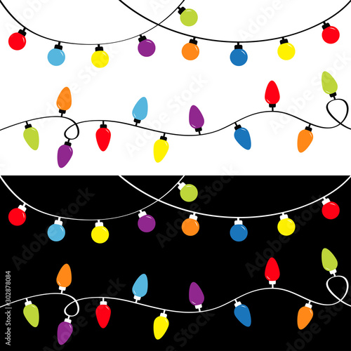 Christmas light set. Holiday festive xmas decoration. Colorful string fairy lights. Lightbulb glowing garland template. Rainbow color. Flat design. Black and white background. Isolated. photo