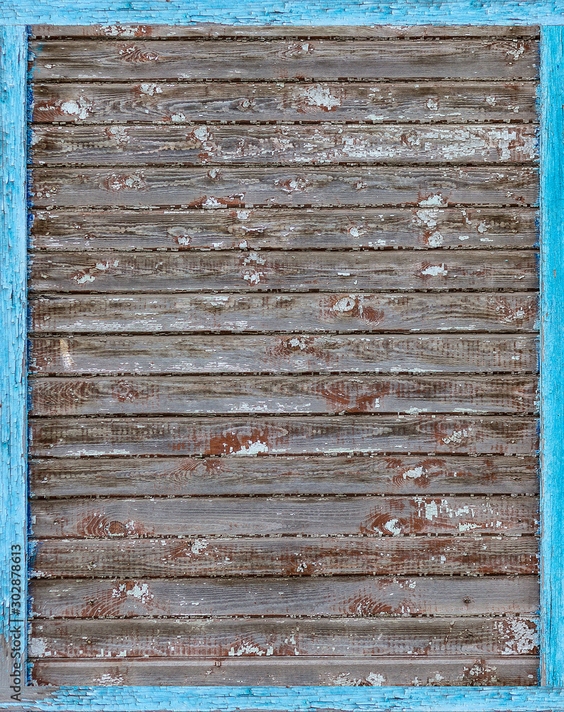 Fototapeta premium Wooden painted cracked a blue frame. Old natural wooden planks texture. Wooden nature boardwalk decking surface pattern seamless