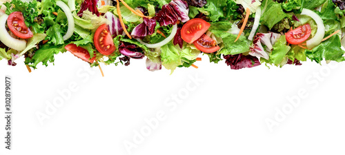 Mixed fresh salad leaves border isolated on white