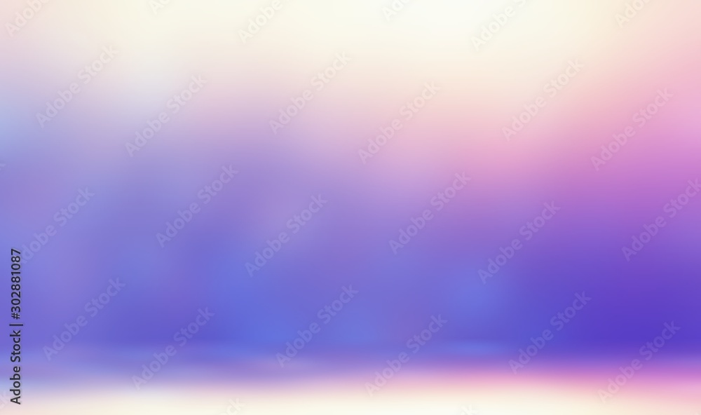 Fototapeta premium Pink glow in lilac magic room 3d illustration. Iridescent wall blurred texture. Smooth floor. Yellow pink blue gradient. Wonderful empty background.