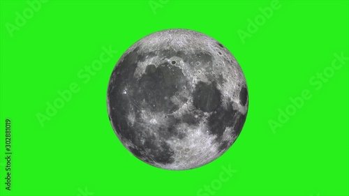 Moon on green screen. Moon rotates around its axis and moving away. Texture of the moon on a green background. Chroma key animation. Earth's natural satellite: Moon, Luna, Lunar, Alpha. 