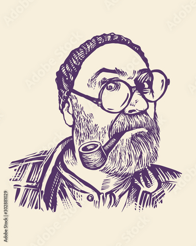 Middle-aged Man In Round Glasses With Moustaches, Gray Beard and Smoking Pipe. retro engraving style. vector illustration.