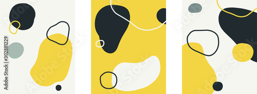 Minimalist organic shapes layout design, flat postcard,nordic scandinavian design,poster set of 3 pebbles riverbed yellow blue grey with space for type