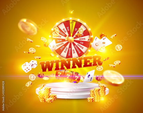 The word Winner, surrounded by a luminous frame and attributes of gambling, on the podium, on a explosion coins background. The new, best design of the luck banner, for gambling, casino
