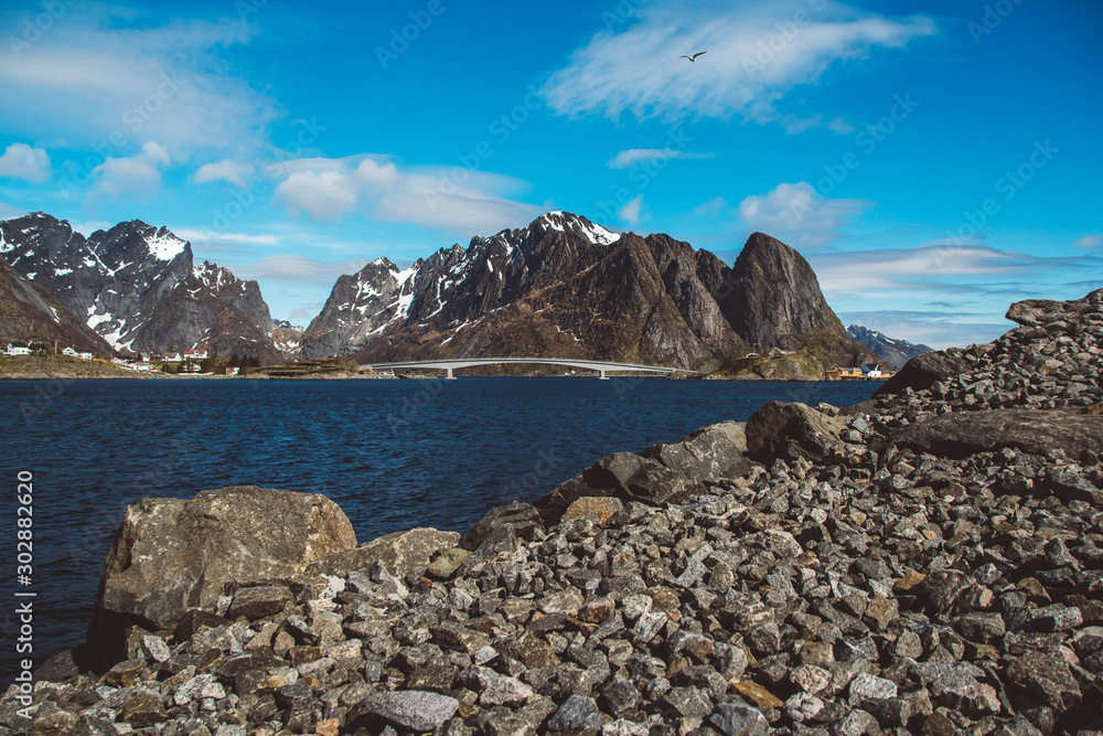 Norway mountain on the islands Lofoten. Natural scandinavian landscape. Place for text or advertising
