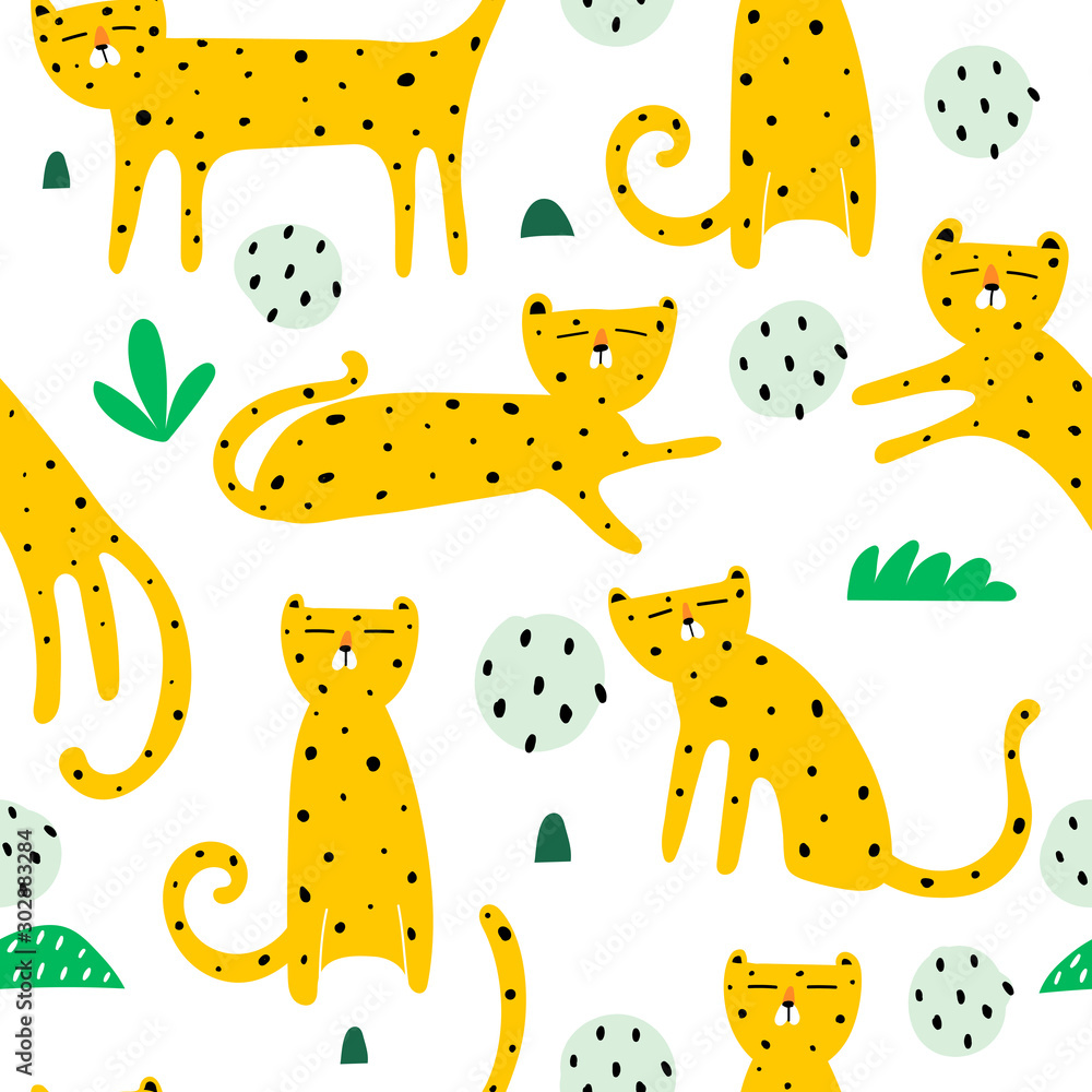 Seamless pattern with cartoon leopards, decor elements. flat vector ...