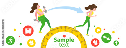 Woman Body Transformation Concept. Woman before and after diet or weight loss. Blank space for your content, template.