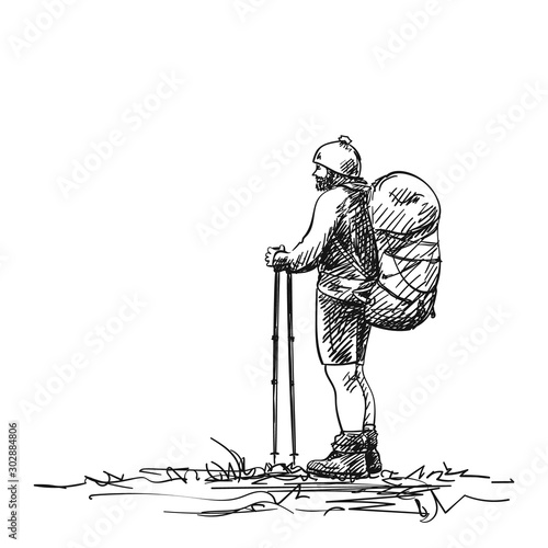 Sketch of man trekking with big backpack, Hand drawn vector illustration