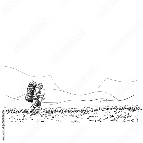 Sketch of man trekking with big backpack in mountain landscape, Hand drawn vector illustration